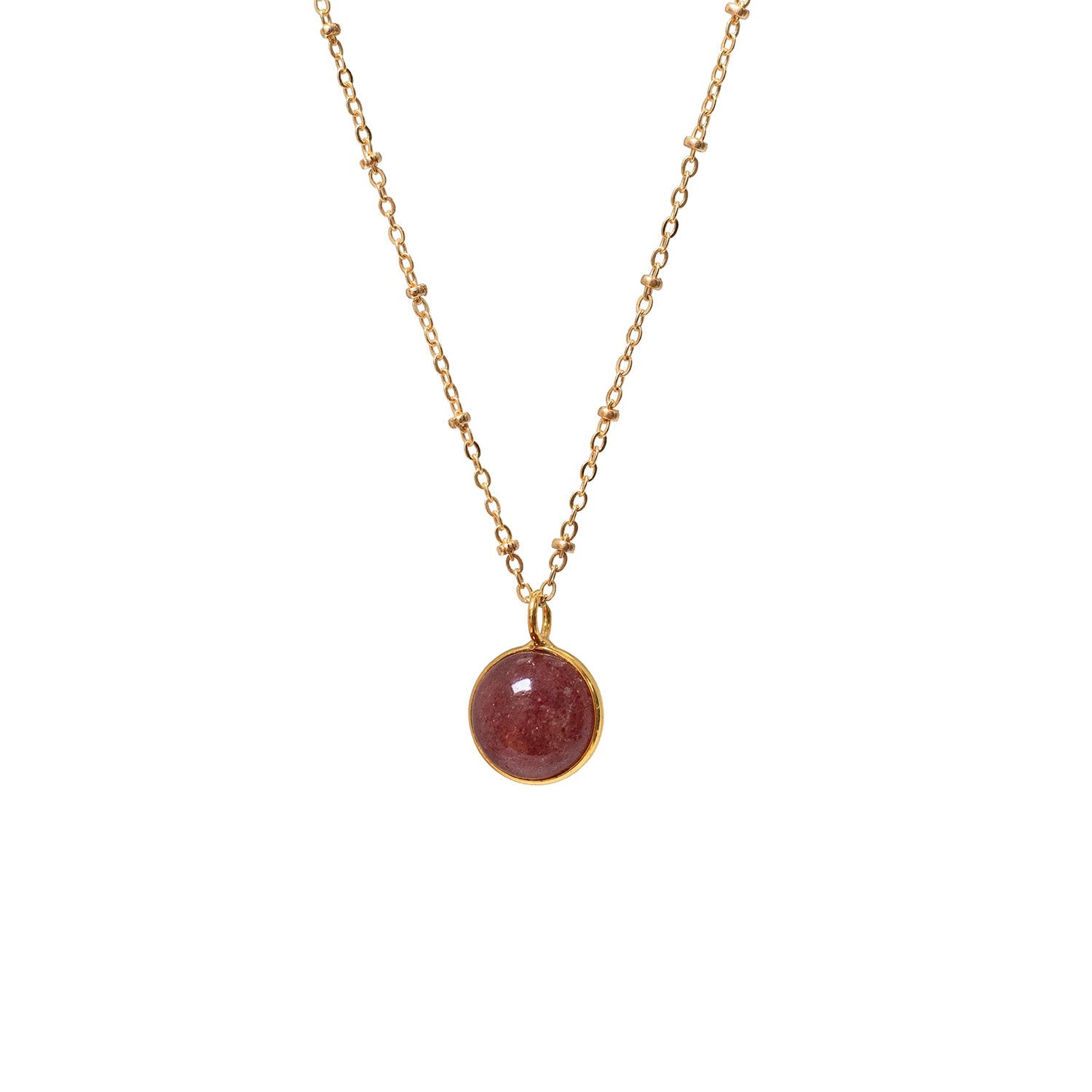 Gold crystal necklace with round crystal ball pendant in deep rose hue on a delicate beaded chain