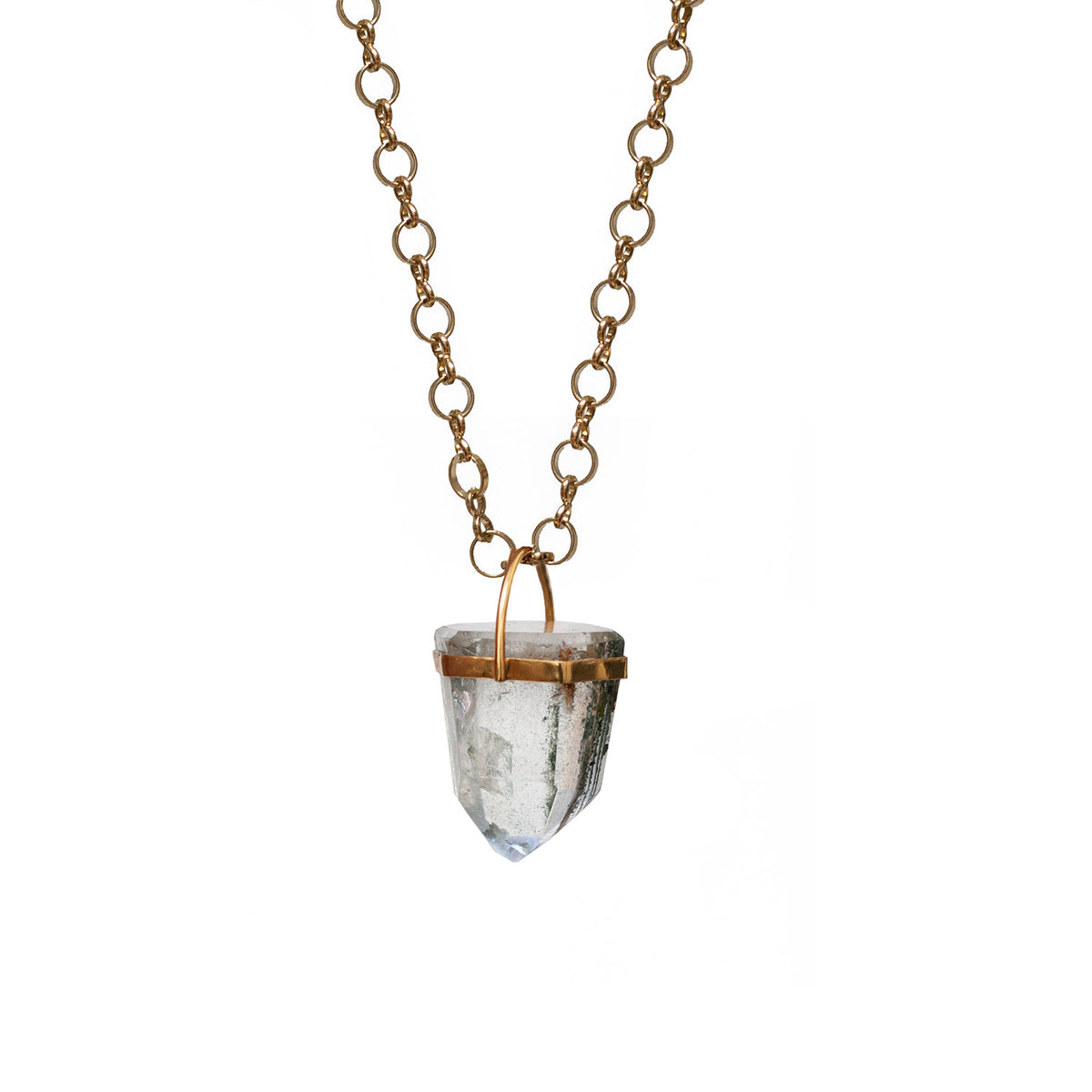 Unique Chunky Chlorite Point Pendant On Long Little Circle Chain