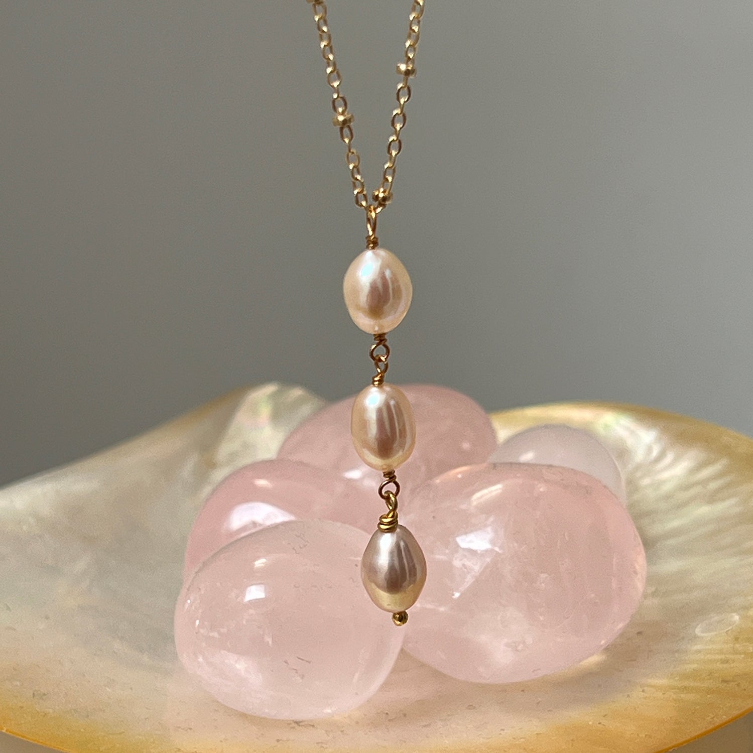Three Pink Pearl Necklace On Short Satellite Chain