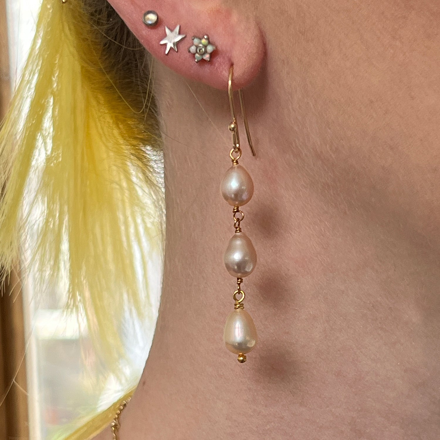 Three Pink Pearl On Hook Earrings