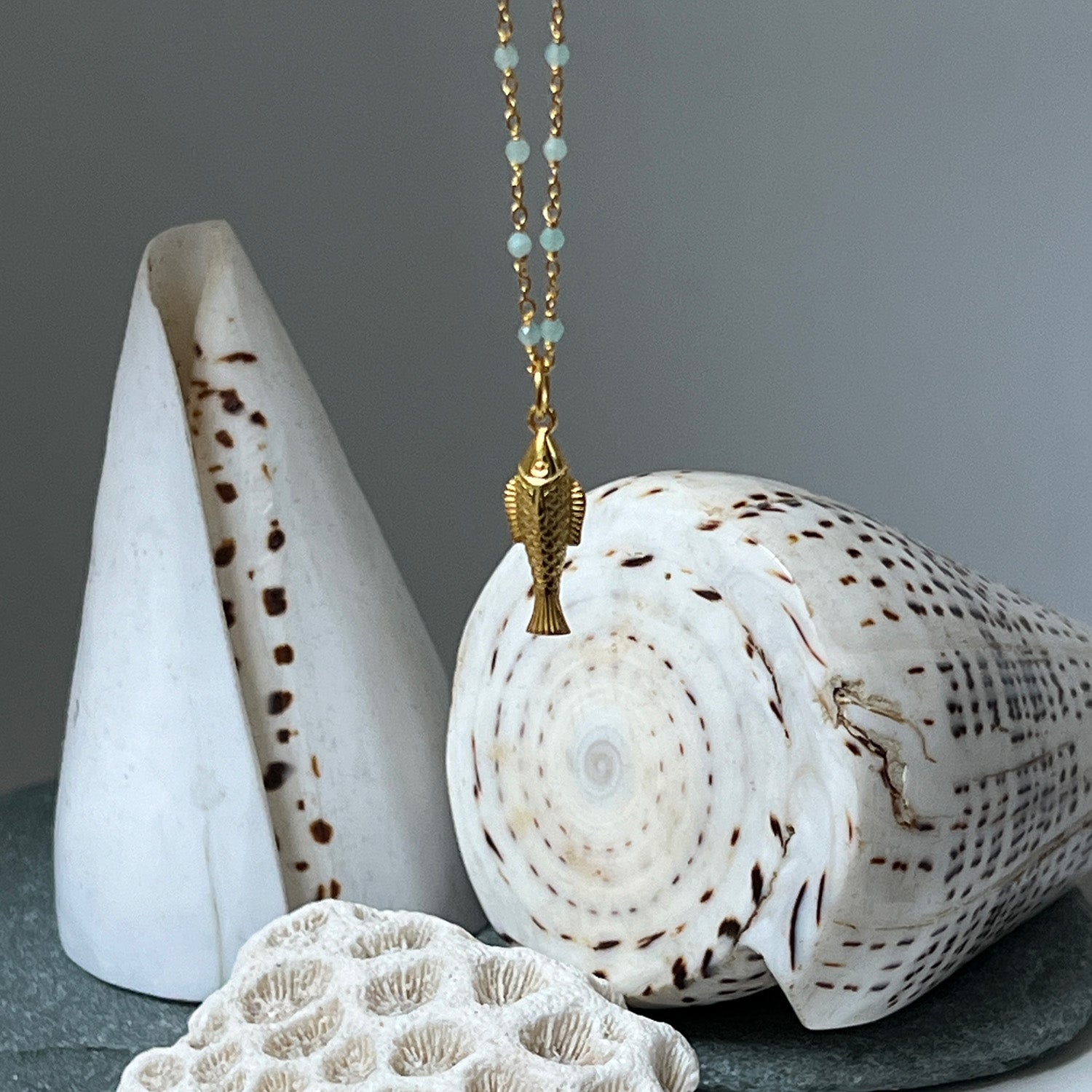 Celestial Fish  on Long or short semi precious Rosary Chain