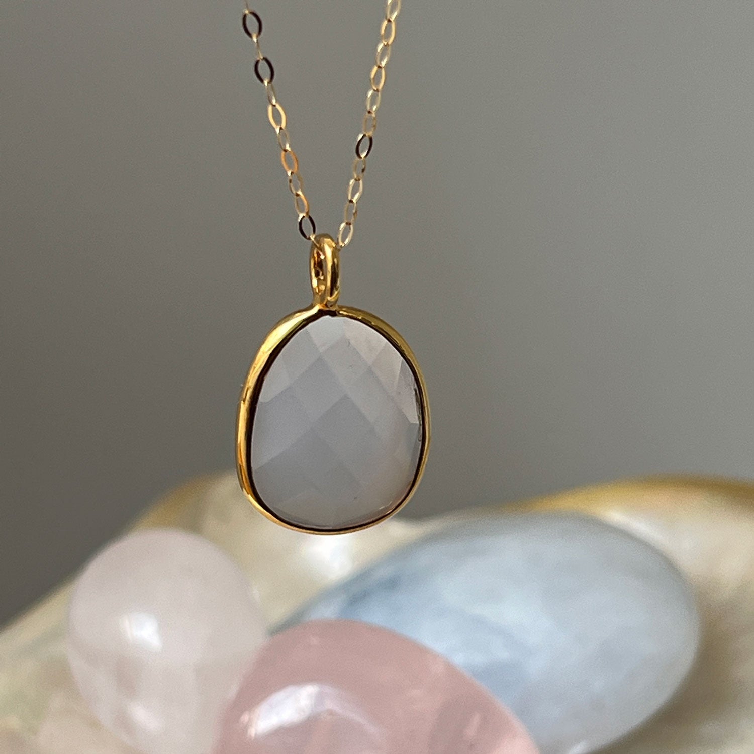 Unique Faceted Milky White Chalcedony  9k Gold