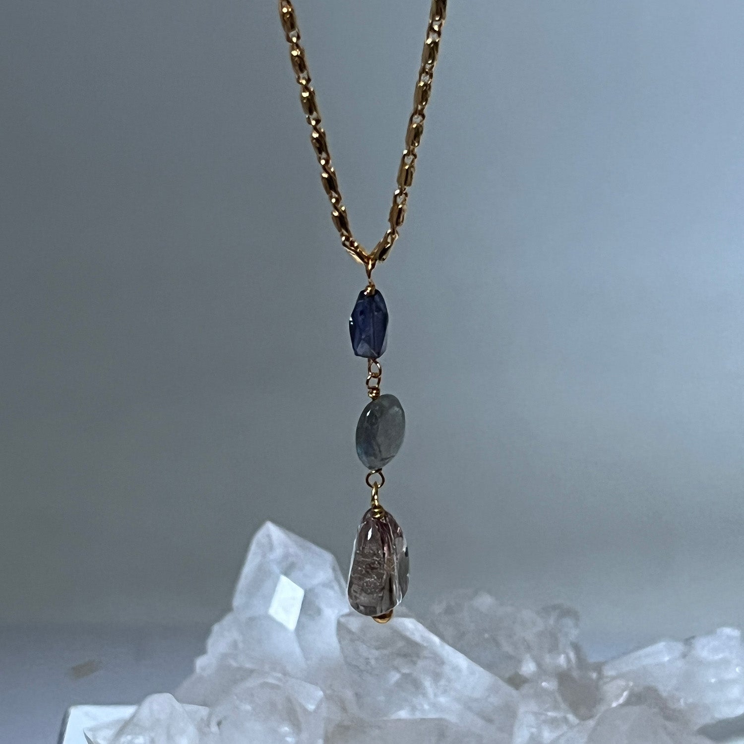 Unique Ametrine, Labradorite & Iolite Pendant on Long Stella Chain