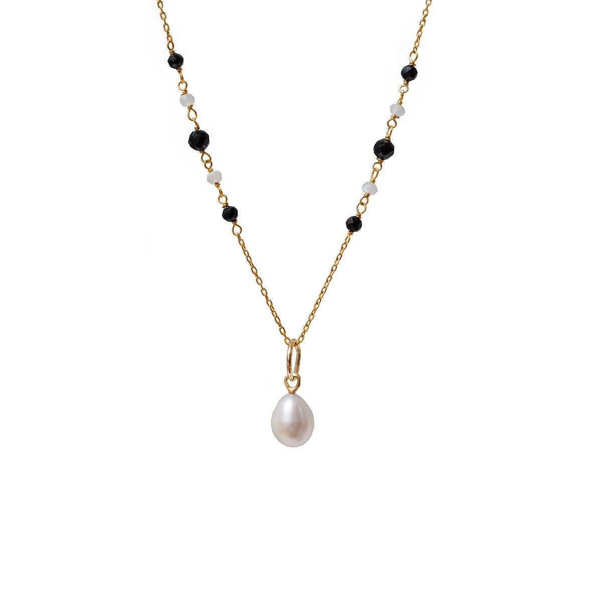 Asymmetric Rosary Black Onyx And White Moonstone With Drop Pearl