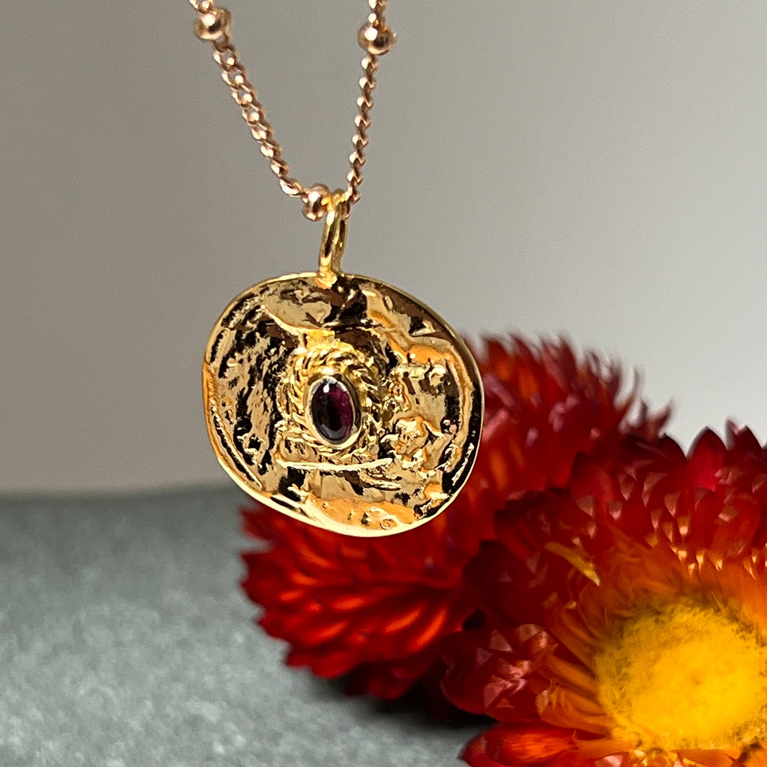 Athena Large round medal with Garnet on Biba chain