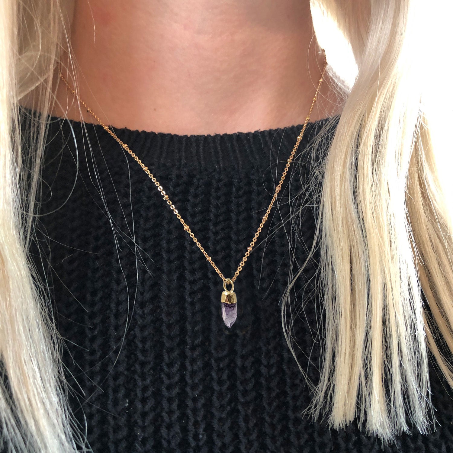 Amethyst Mini Point pendant on Short Satellite chain