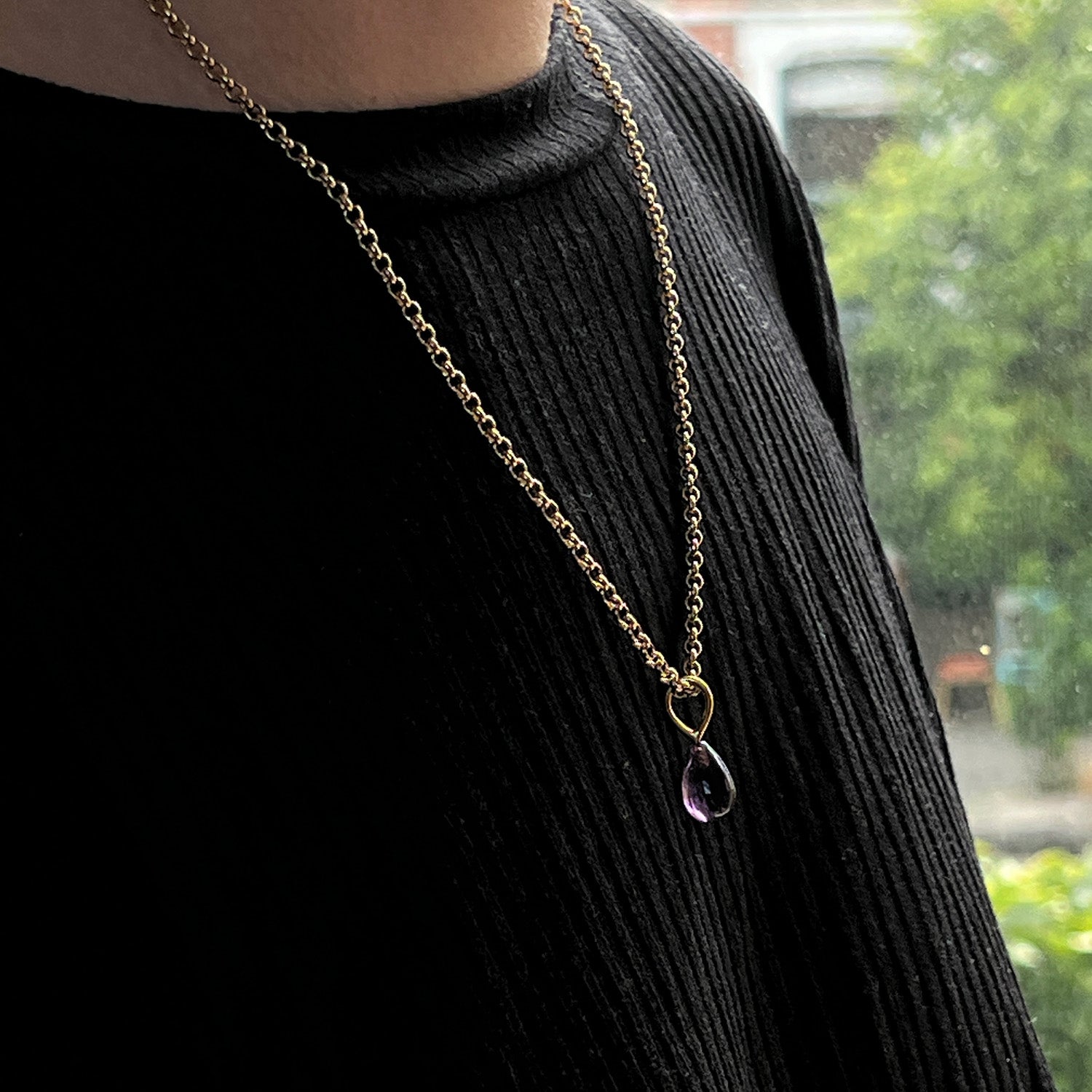 Amethyst Drop Pendant On Long Baby Belcher Chain