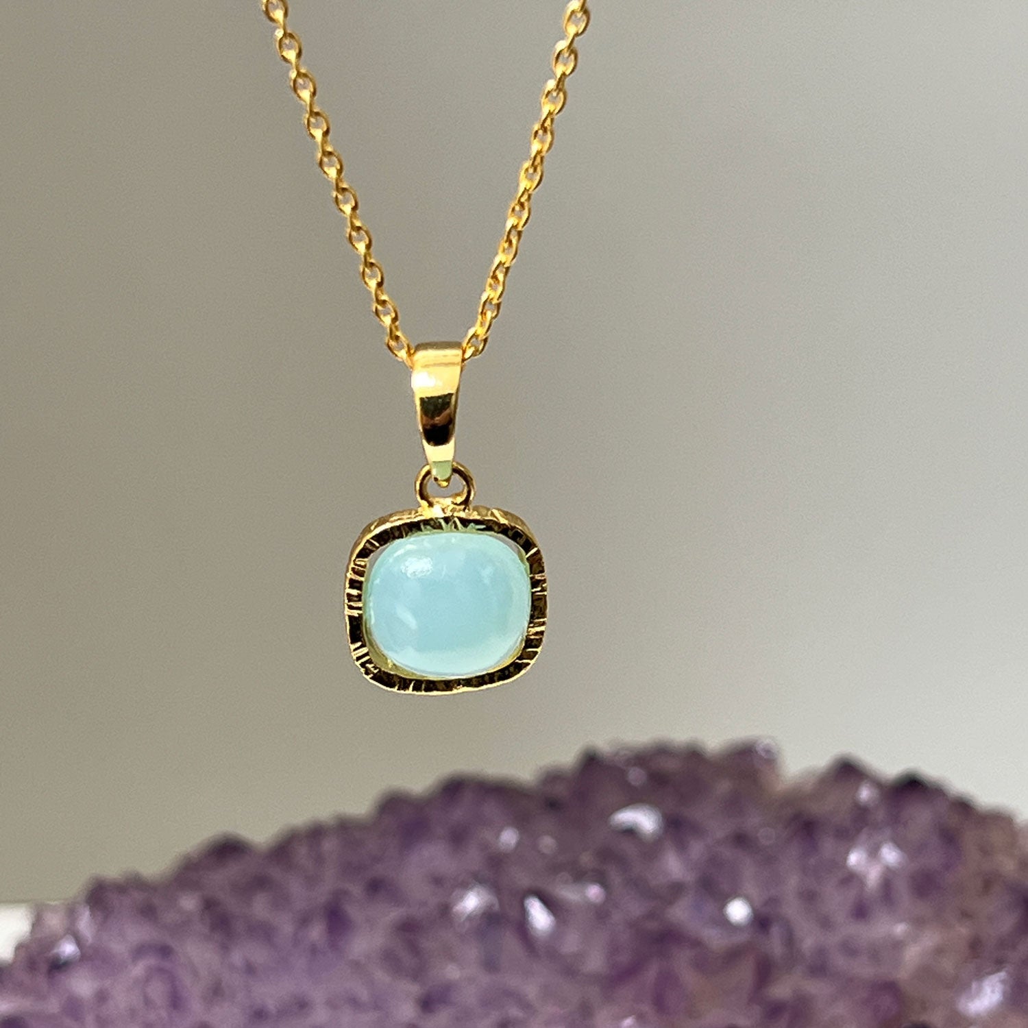 Aura Aqua Chalcedony Pendant on Short Simple Chain