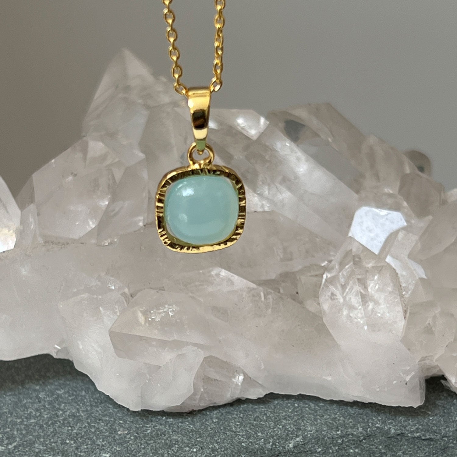 Aura Aqua Chalcedony Pendant on Short Simple Chain