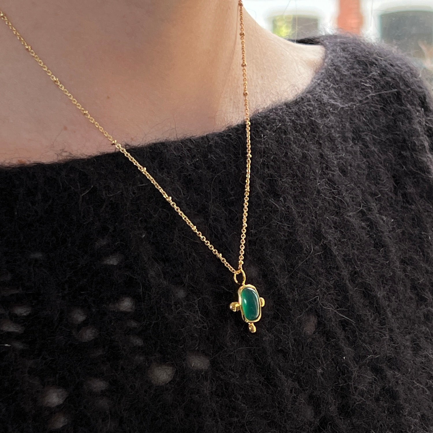 Beatriz Green Onyx Pendant On Short Satellite Chain