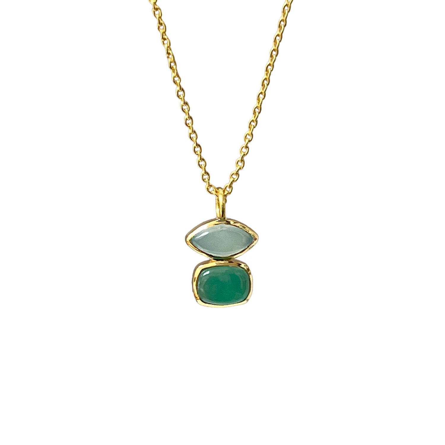 Beryl Aqua Chalcedony & Green Onyx Pendant on Short Cable Chain