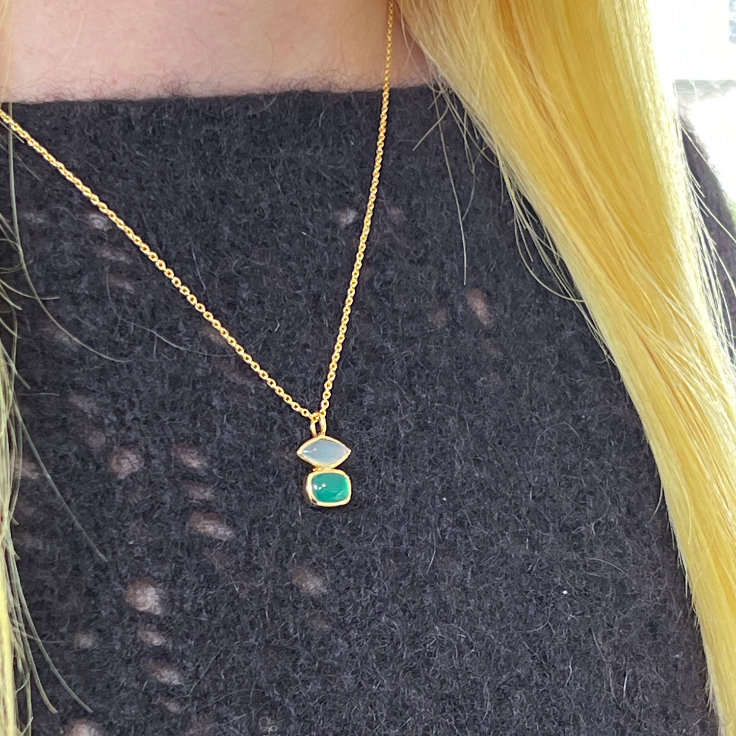 Beryl Aqua Chalcedony & Green Onyx Pendant on Short Cable Chain