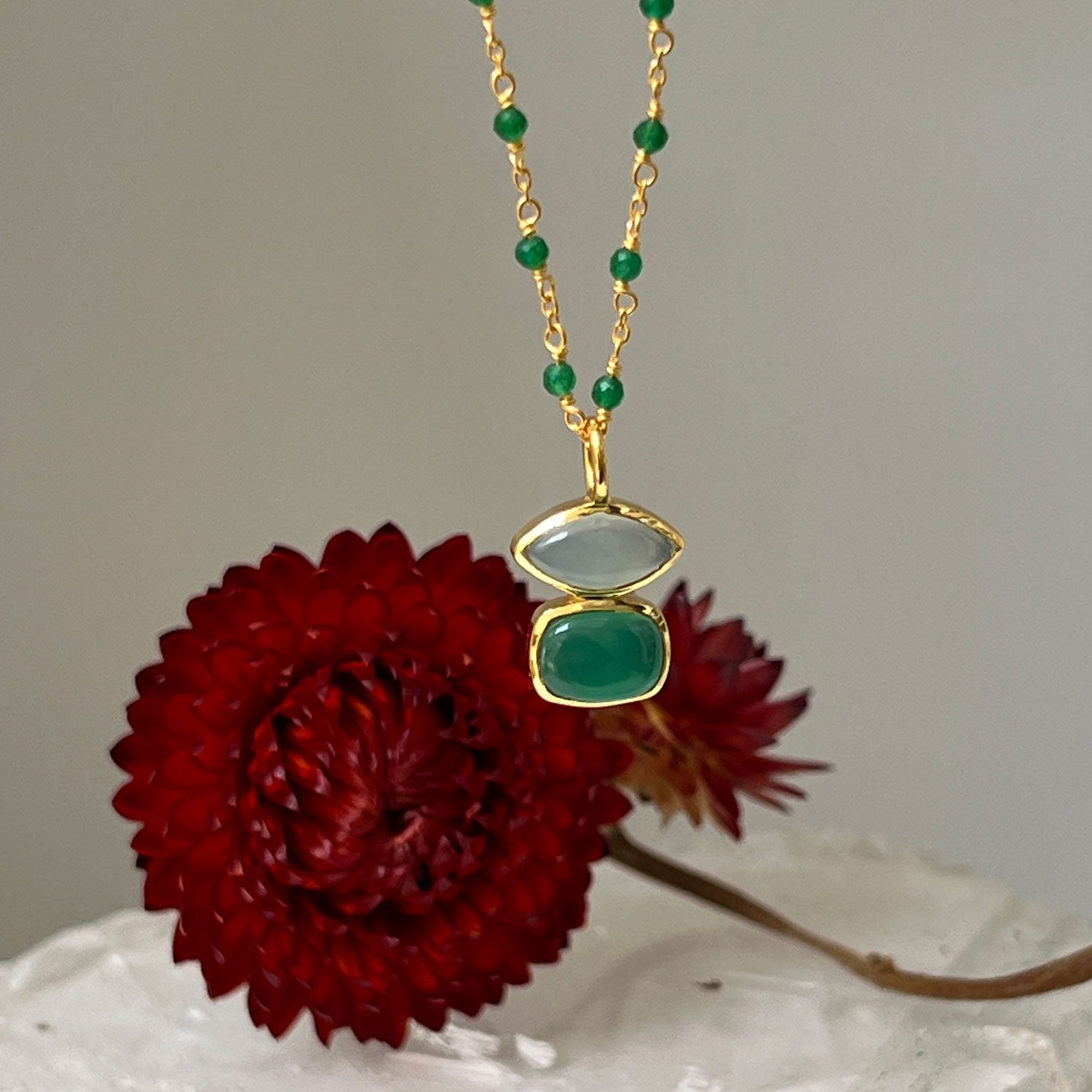 Beryl Aqua Chalcedony & Green Onyx Pendant on Long Green Onyx Rosary