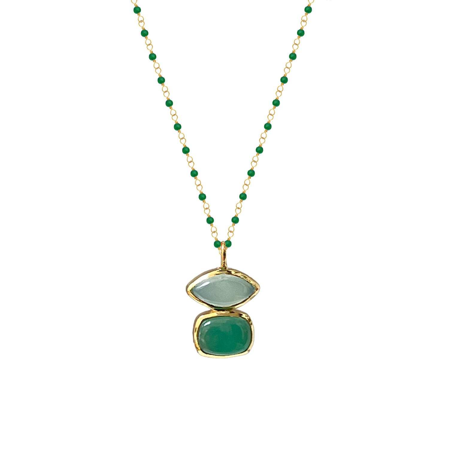 Beryl Aqua Chalcedony & Green Onyx Pendant on Long Green Onyx Rosary
