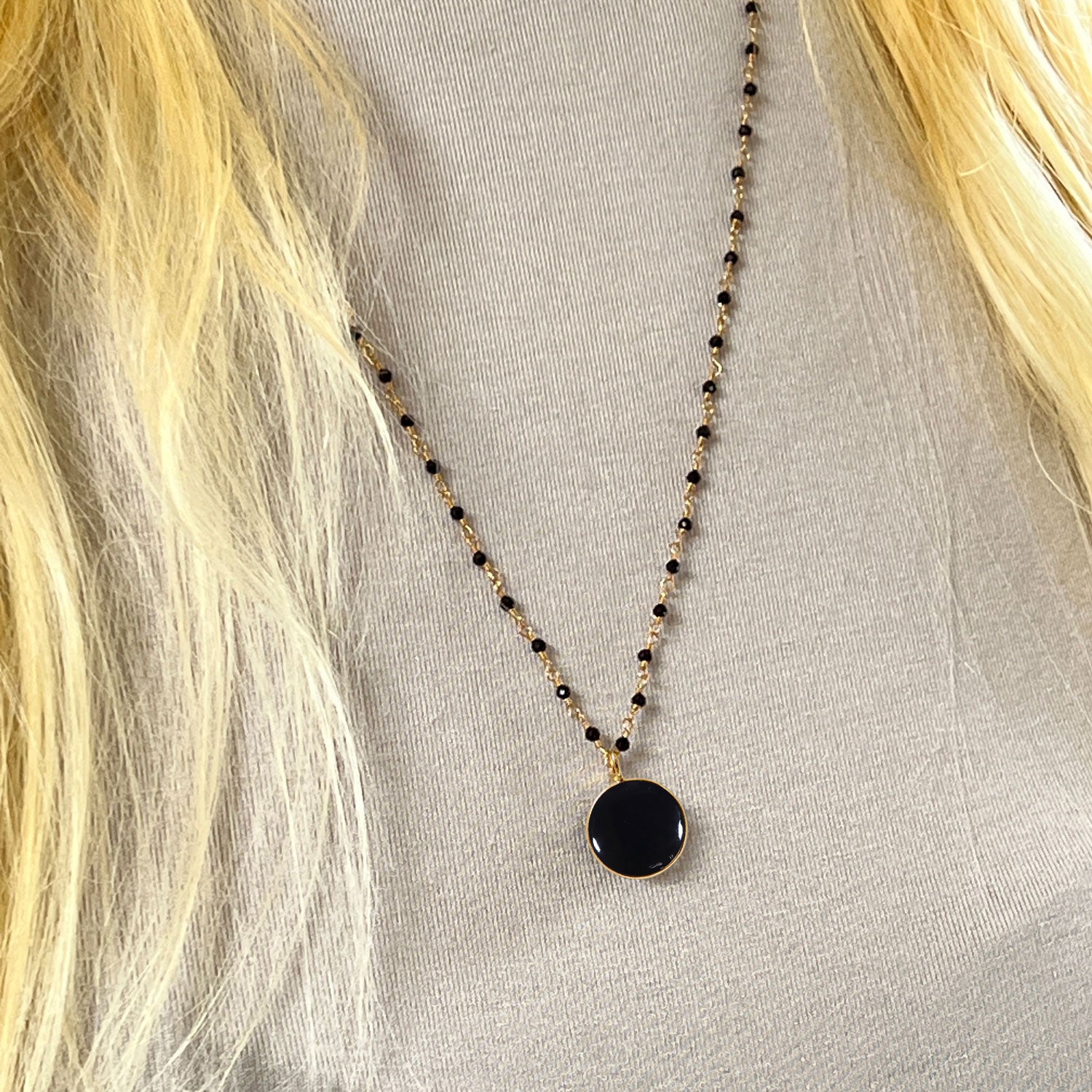 Black Onyx Coin Pendant on Long Black Onyx Rosary