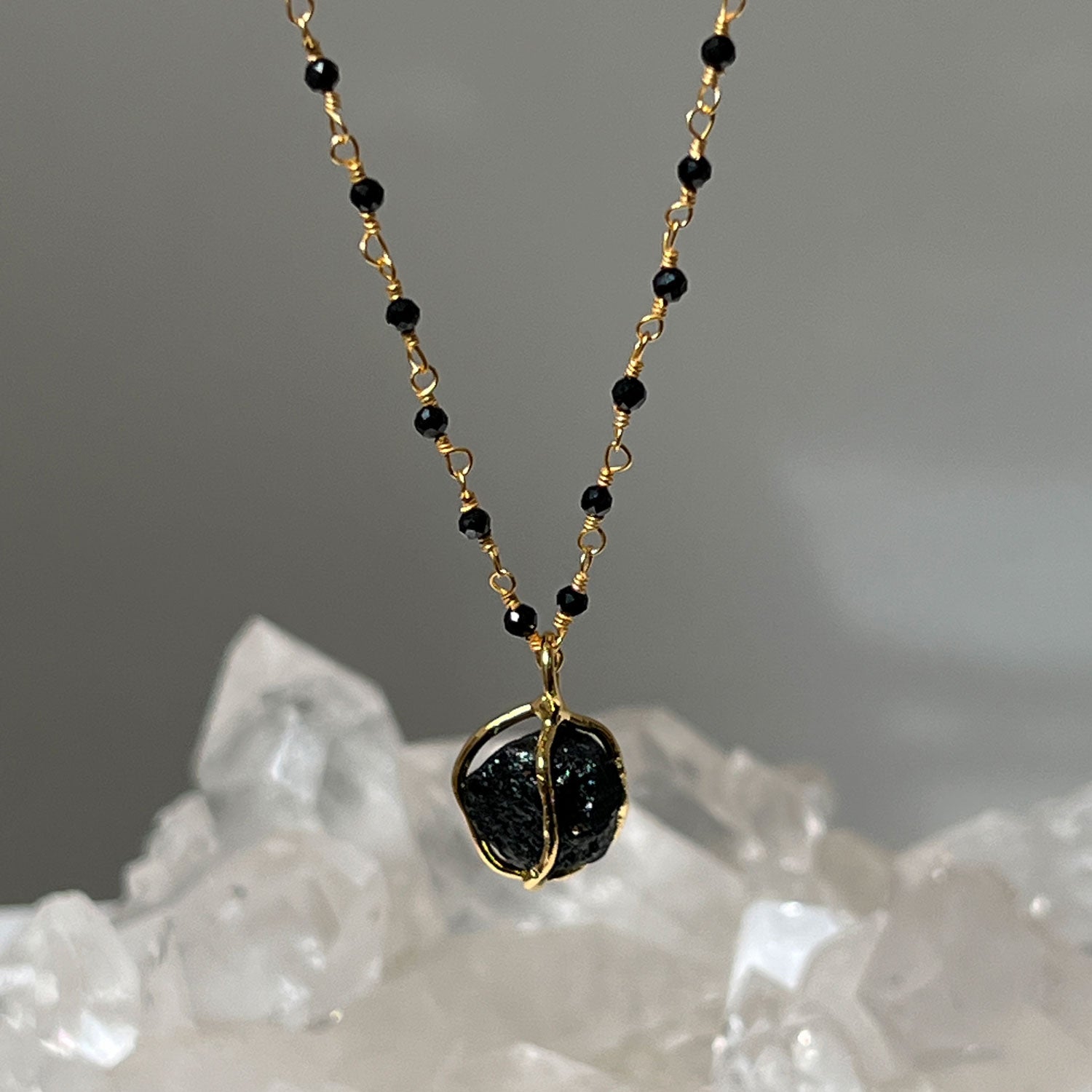 Raw Black Tourmaline in Cage on Long Black Onyx Rosary