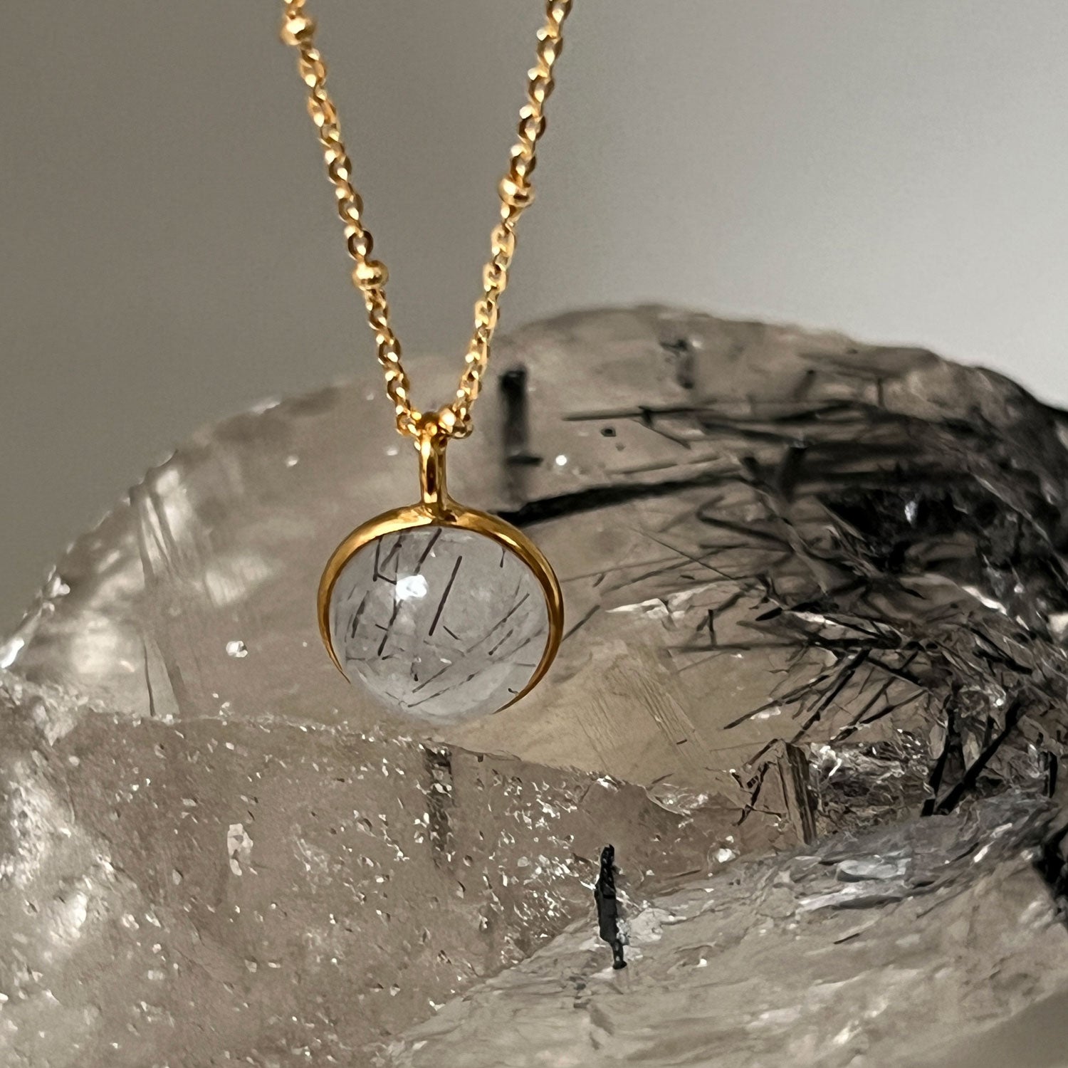 Grey  Rutil Quartz Ball Pendant on Long Satellite Chain