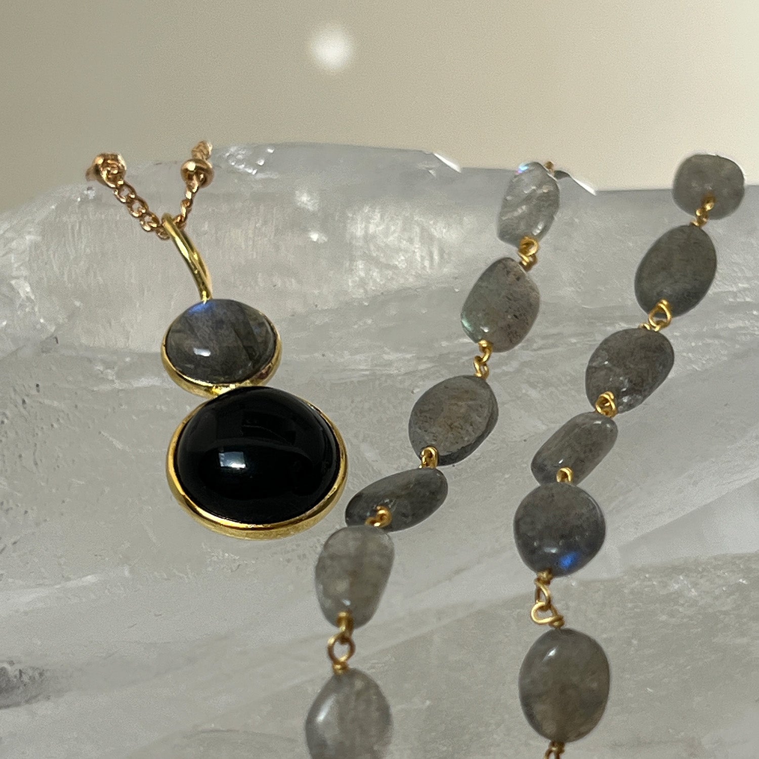Black Onyx And Labradorite Cabochon Pendant On Long Biba Chain