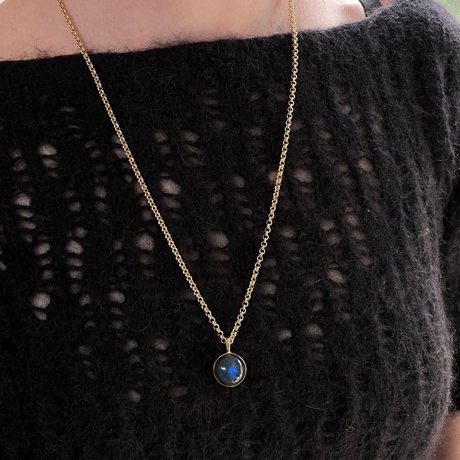 Chunky Labradorite Cabochon Pendant On Long Baby Belcher Chain