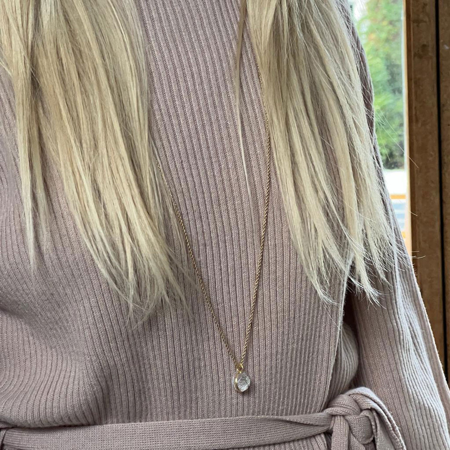 Carved Rock Crystal Ball Pendant on Long Satellite Chain