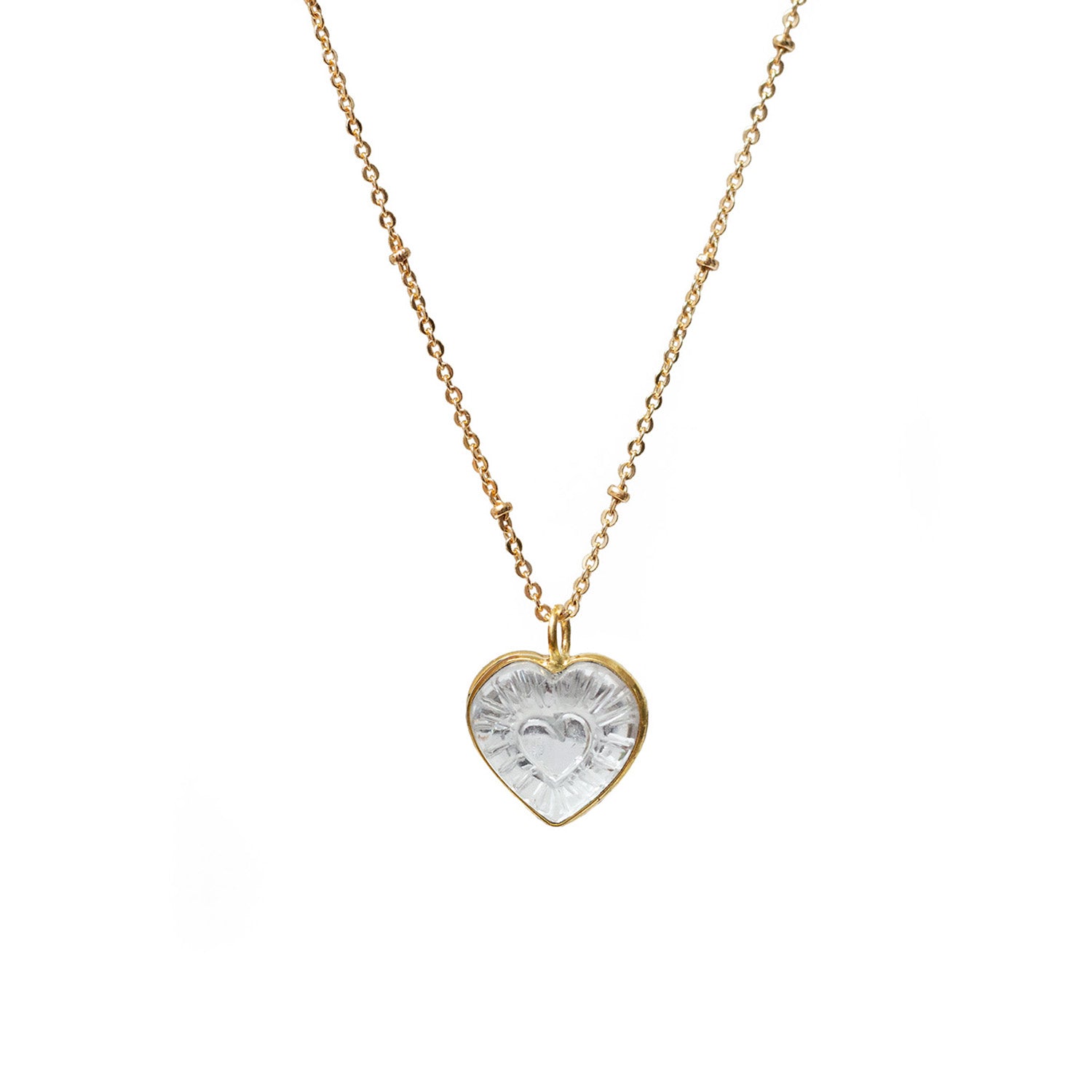 Carved rock Crystal Heart  pendant on short satellite chain