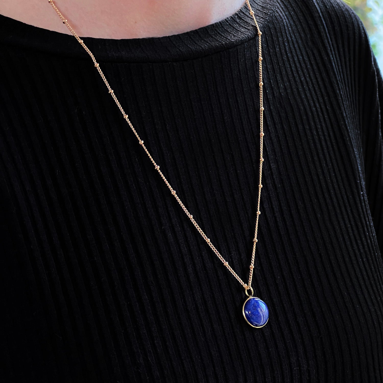 Lapis Domed Cabochon Pendant on Long Biba Chain