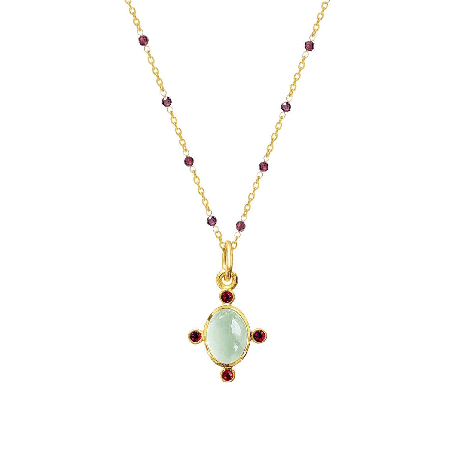 Serena Prehnite & Pink Zircon Pendant on Fancy  Garnet Rosary