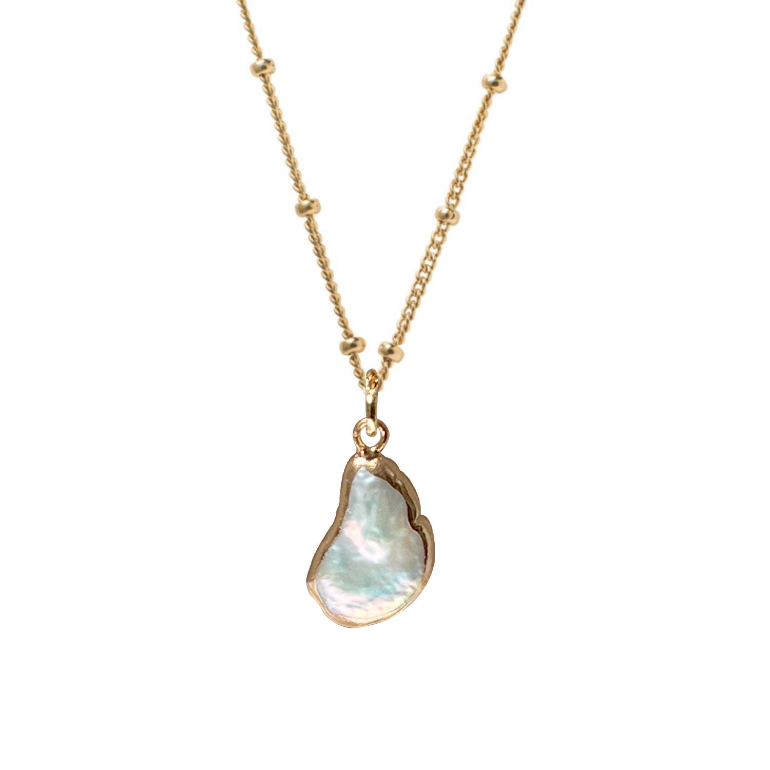 Freeform white iridescent baroque freshwater pearl bezel pendant on Biba chain