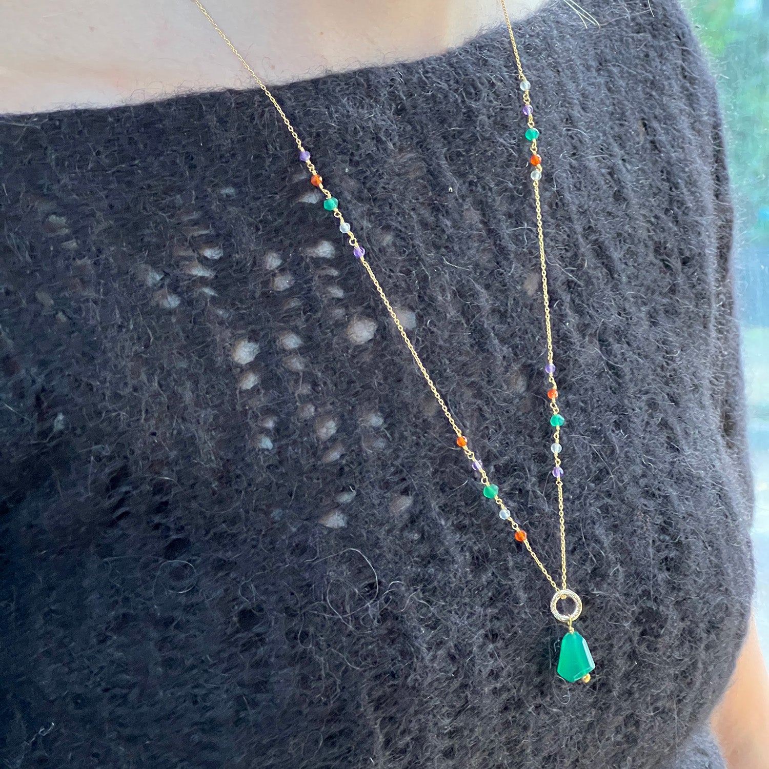 Long Asymmetric Semi Precious Rosary With Unique Baguette Green Onyx Pendant