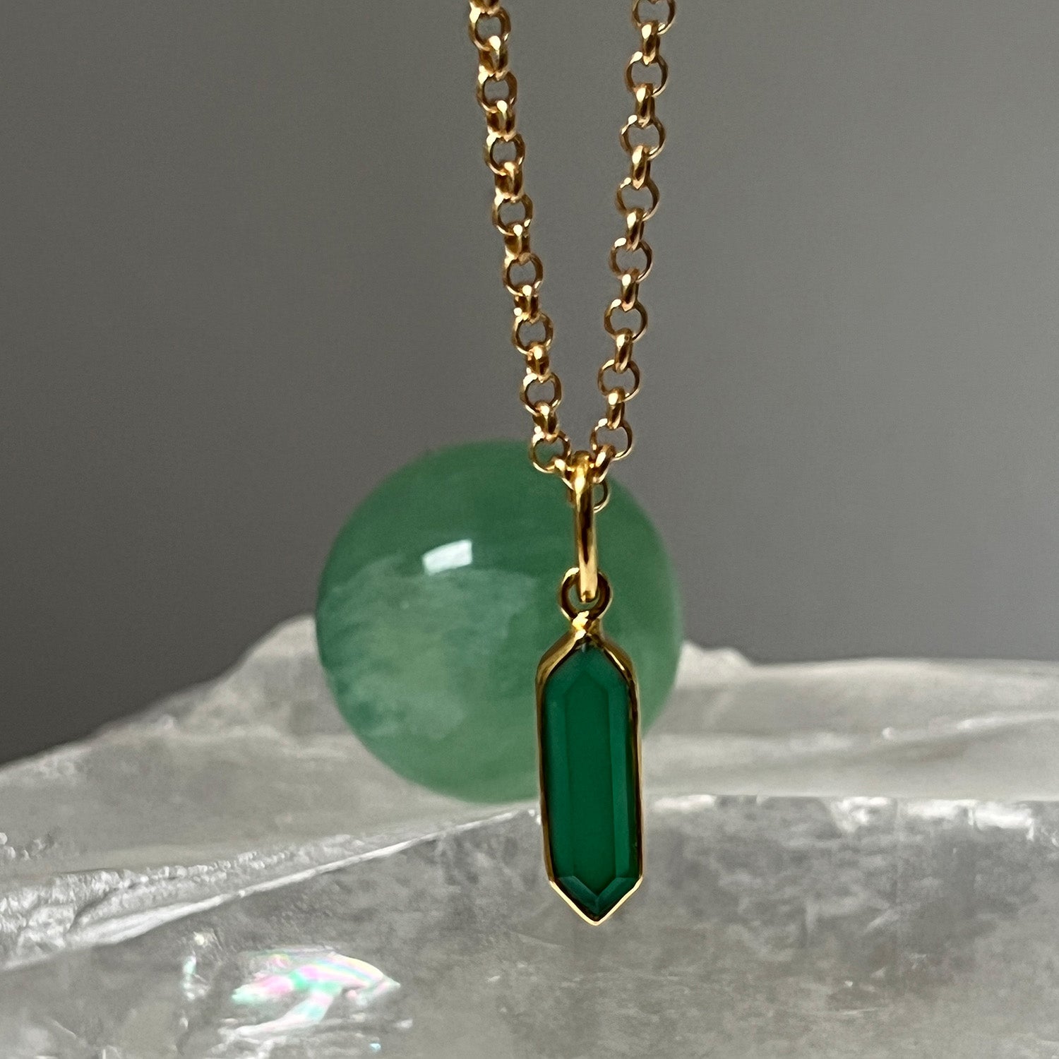 Geometric Green Onyx Pendant On Long Baby Belcher Chain