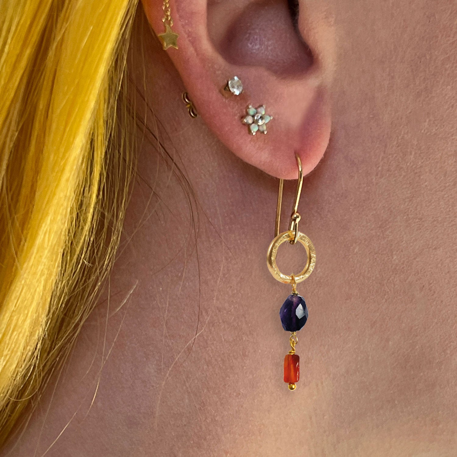 Gita Earrings 2 Stone Amethyst & Carnelian