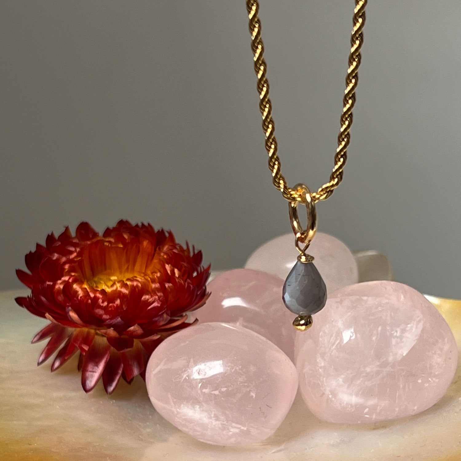 Gita Pendant  Grey Pear Moonstone Drop on Short Rope Chain