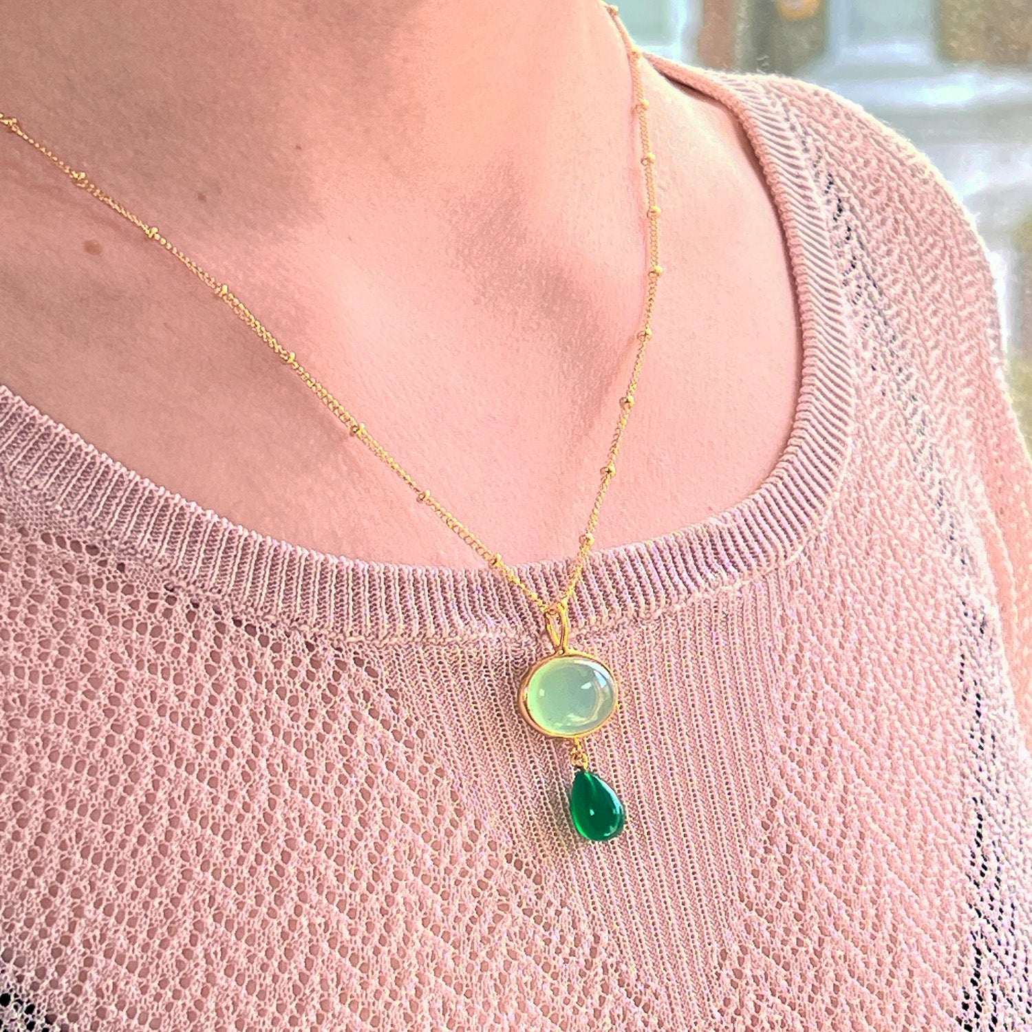 Grace Aqua Chalcedony And Green Onyx Pendant On Short Satellite Chain