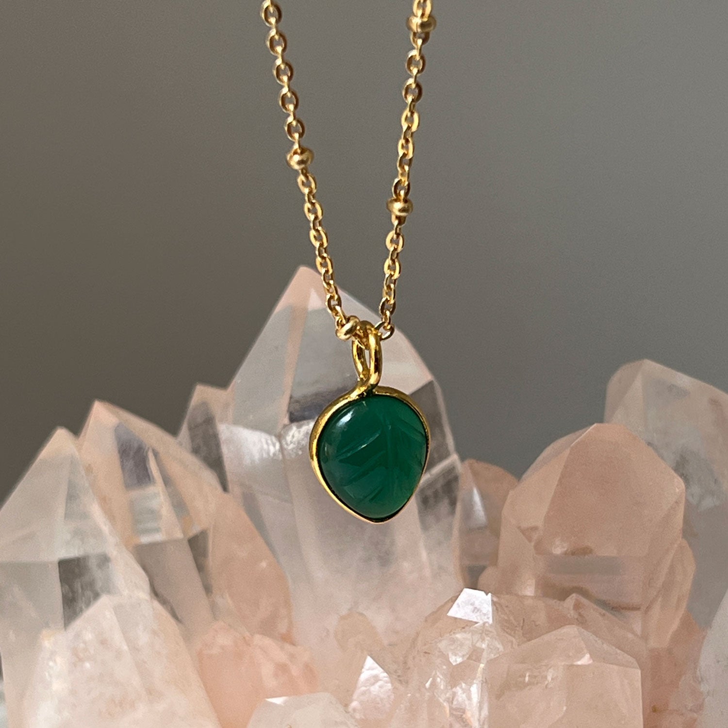 Green Onyx Carved Leaf Pendant on Short Satellite Chain