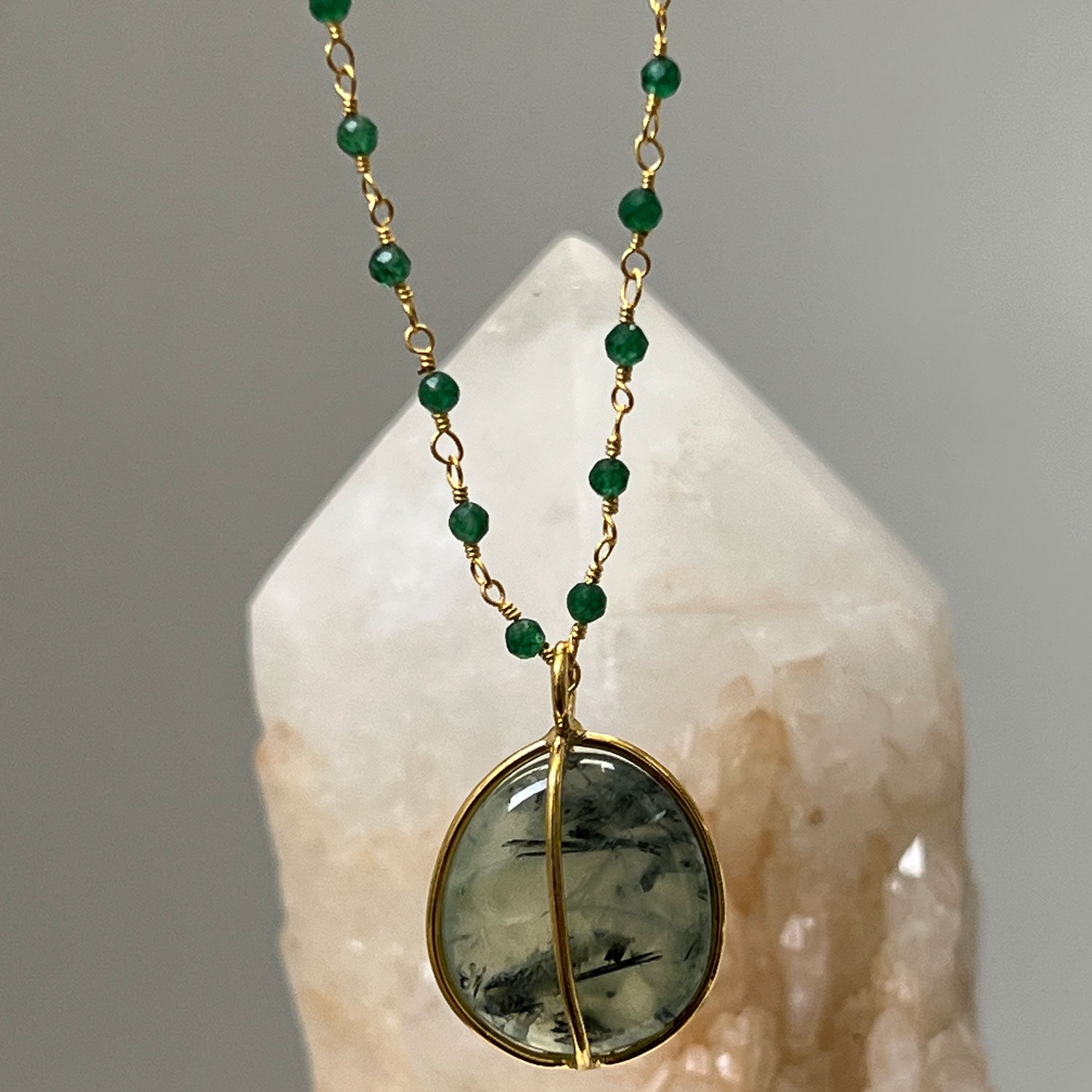 Long Green Onyx Rosary with Freeform Prehnite Pebble Pendant