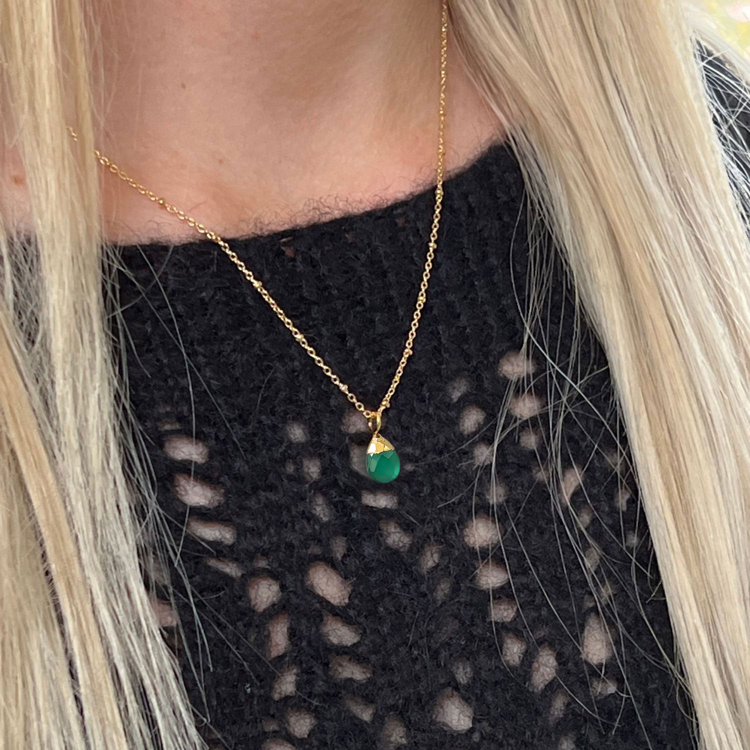 Green Onyx Briolette on Satellite Chain