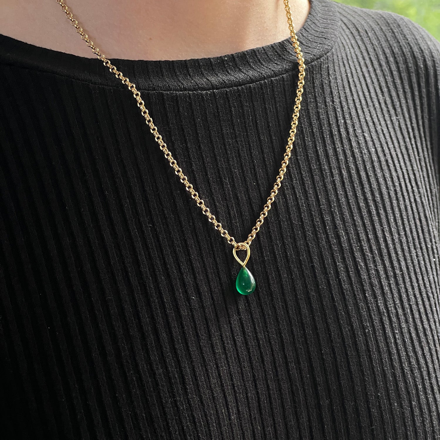 Green Onyx Drop Pendant On Long Baby Belcher Chain