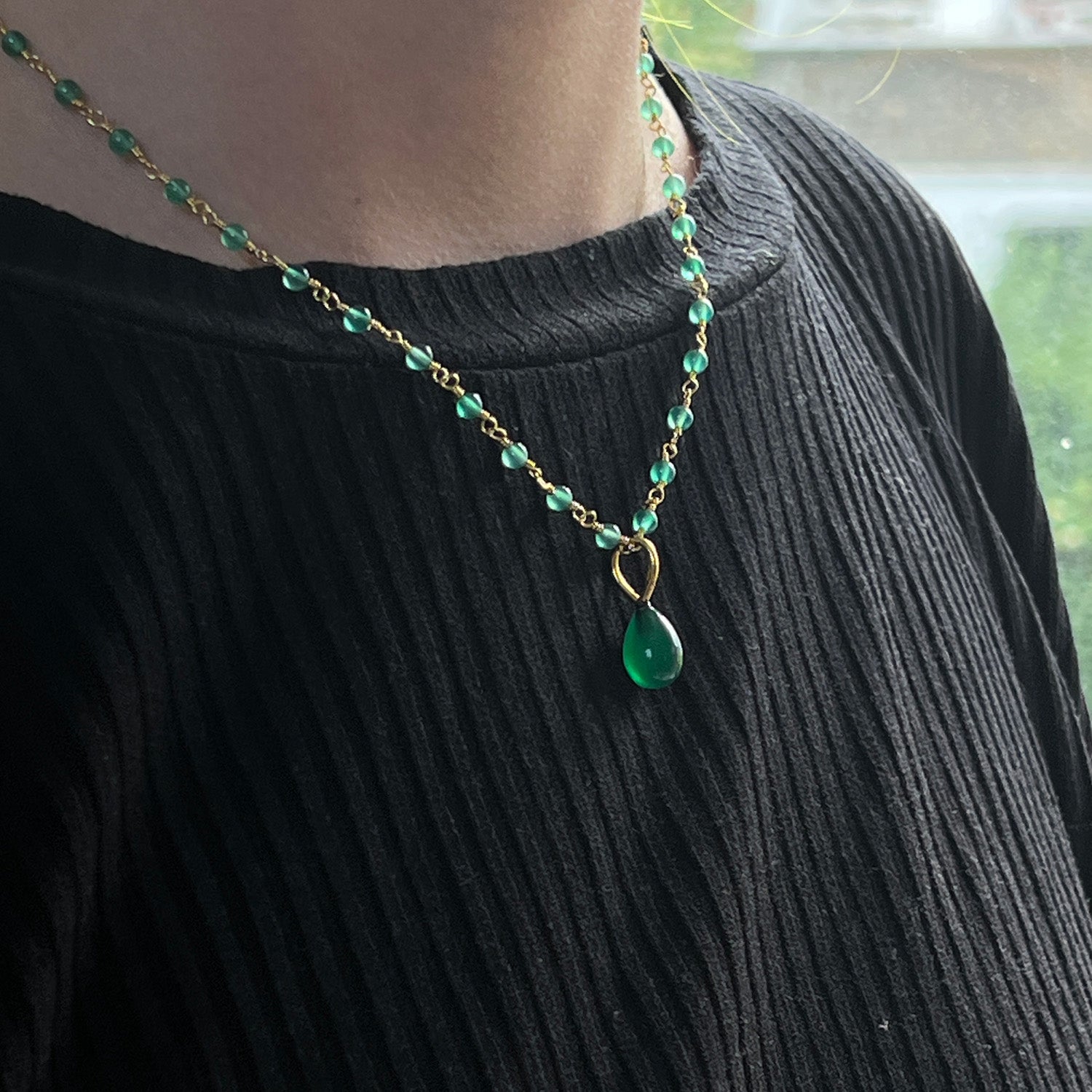 Green Onyx Drop Pendant On Short Green Onyx Rosary