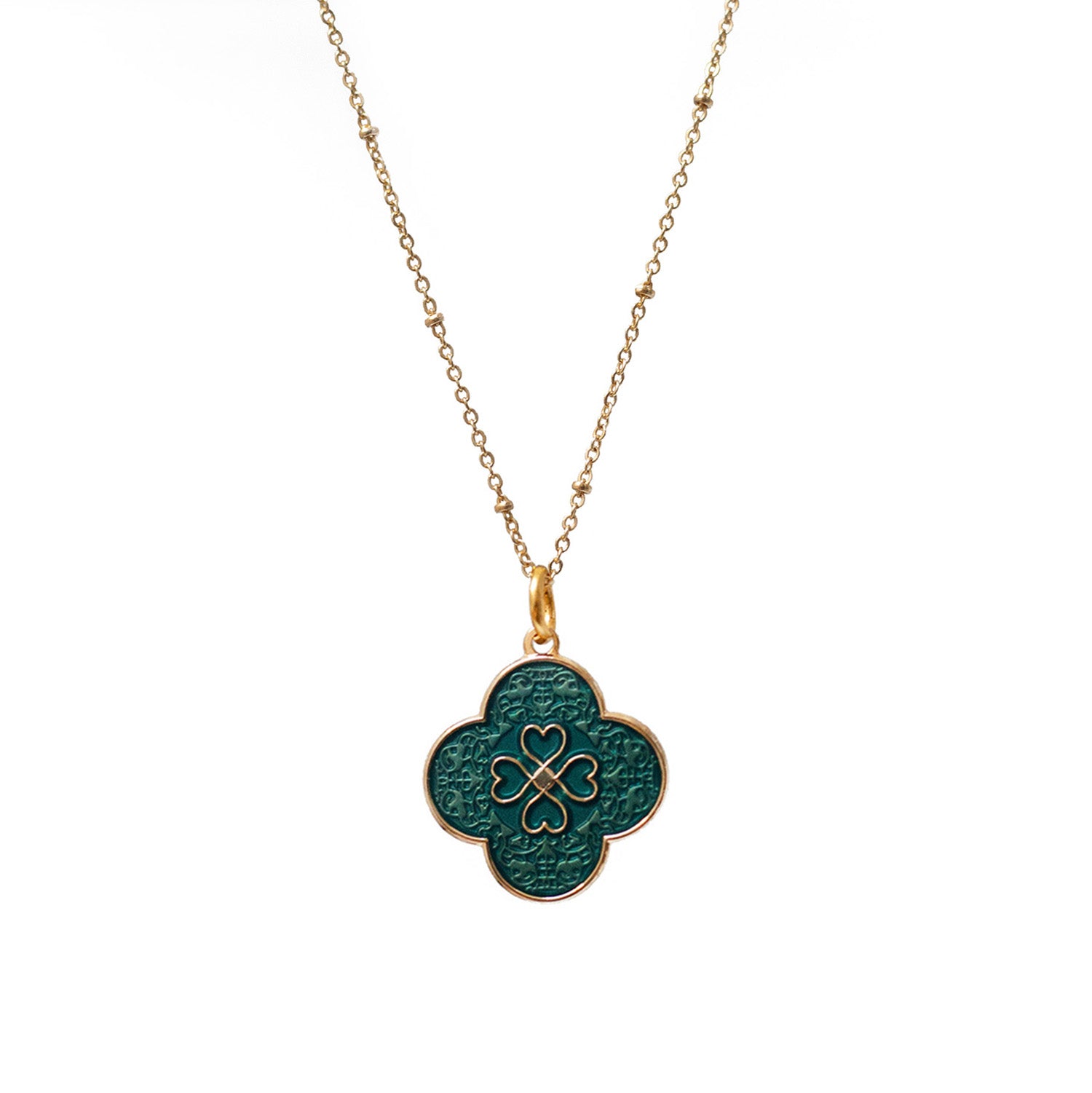 Green Petal Heart Clover Pendant On Short Satellite Chain