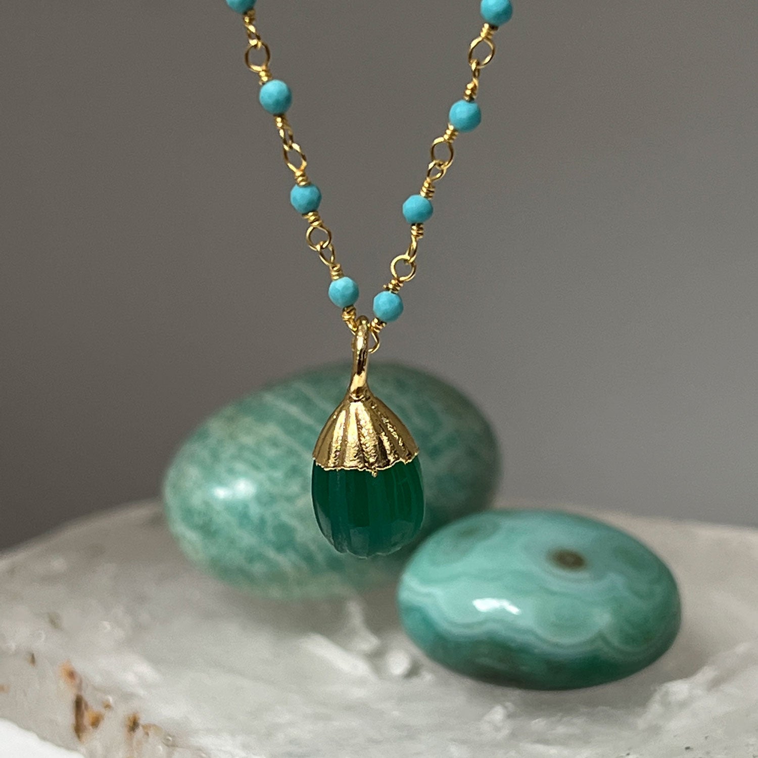Howlite Turquoise Rosary with Eva Green Onyx Pendant