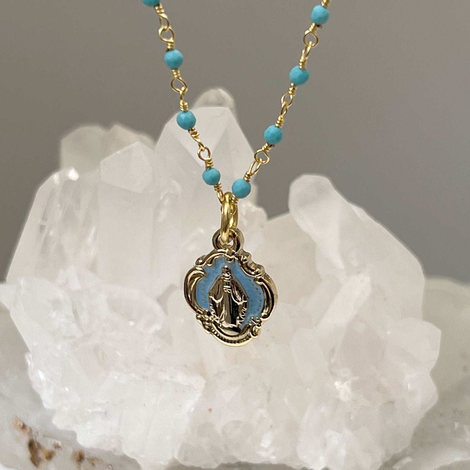 Howlite Turquoise rosary with Light Blue Mary Enamel Medal