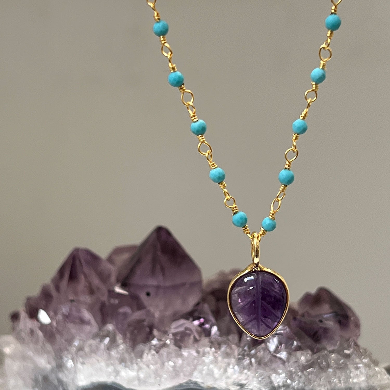 Howlite Turquoise Rosary with Carved Amethyst Leaf Pendant
