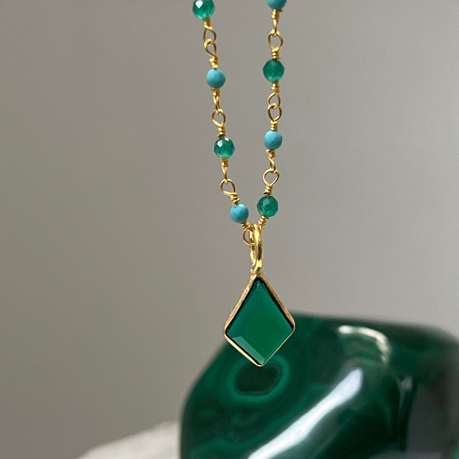 Howlite Turquoise & Green Onyx Rosary with Green Onyx Lozenge Pendant