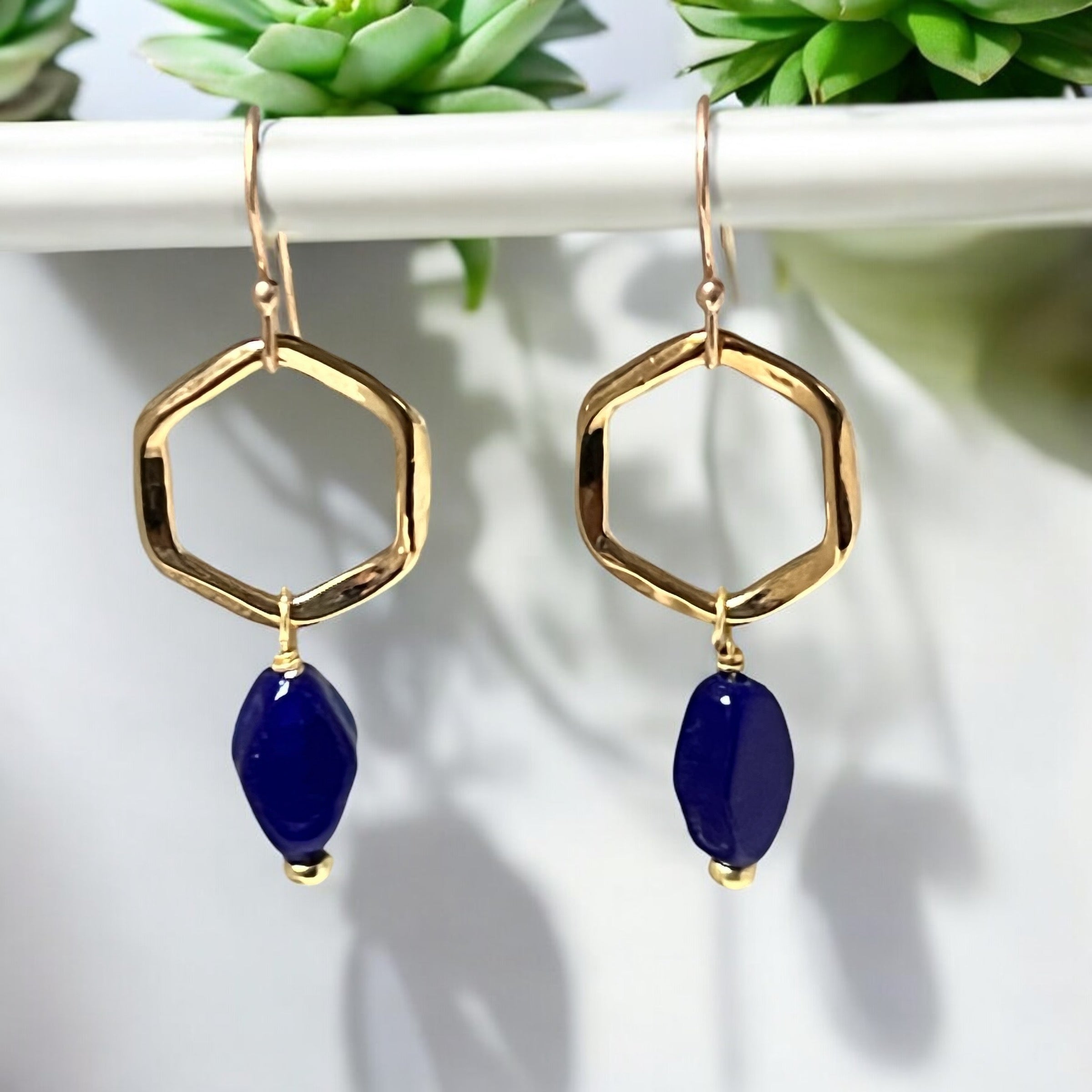 Exagon Earring with Blue recycled glass