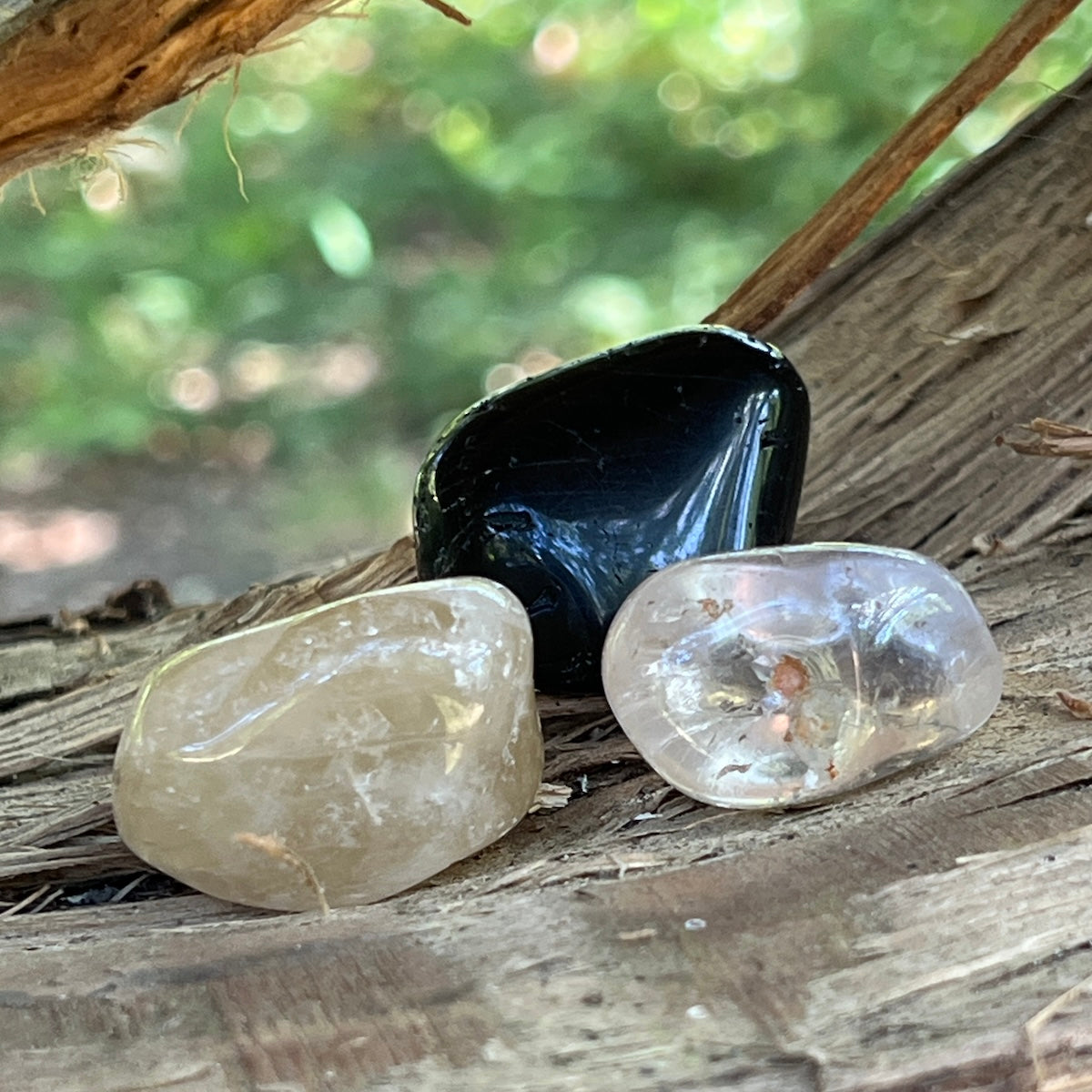 Natural Tumble Black Tourmaline ,rock crystal and Citrine  ,The grounding Joy set