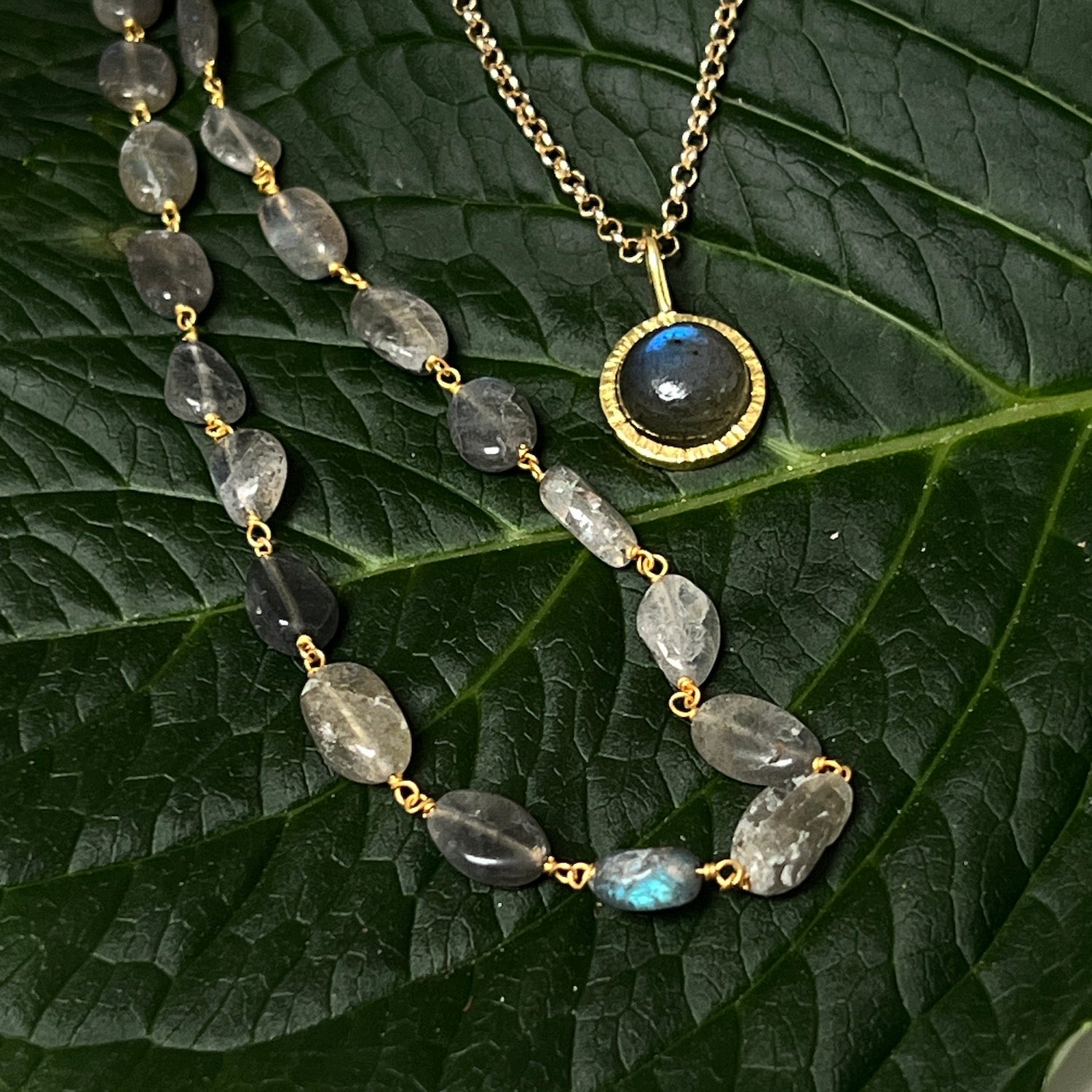 Dunia Labradorite Round Pendant On Long Satellite Chain