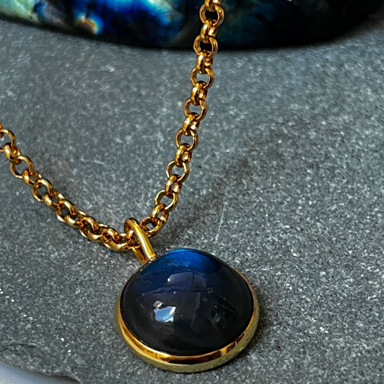 Chunky Labradorite Cabochon Pendant On Long Baby Belcher Chain