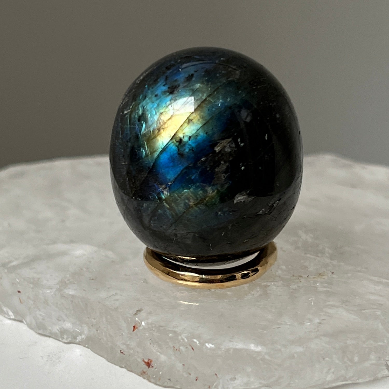 Unique Labradorite Small Egg on Brass Ring
