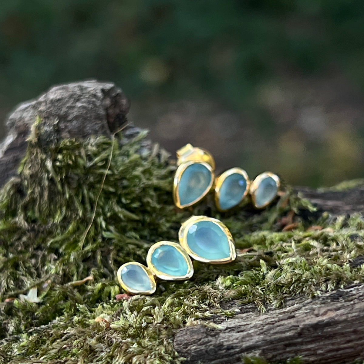 Trilogy Green Onyx or Aqua Chalcedony Stud Earrings