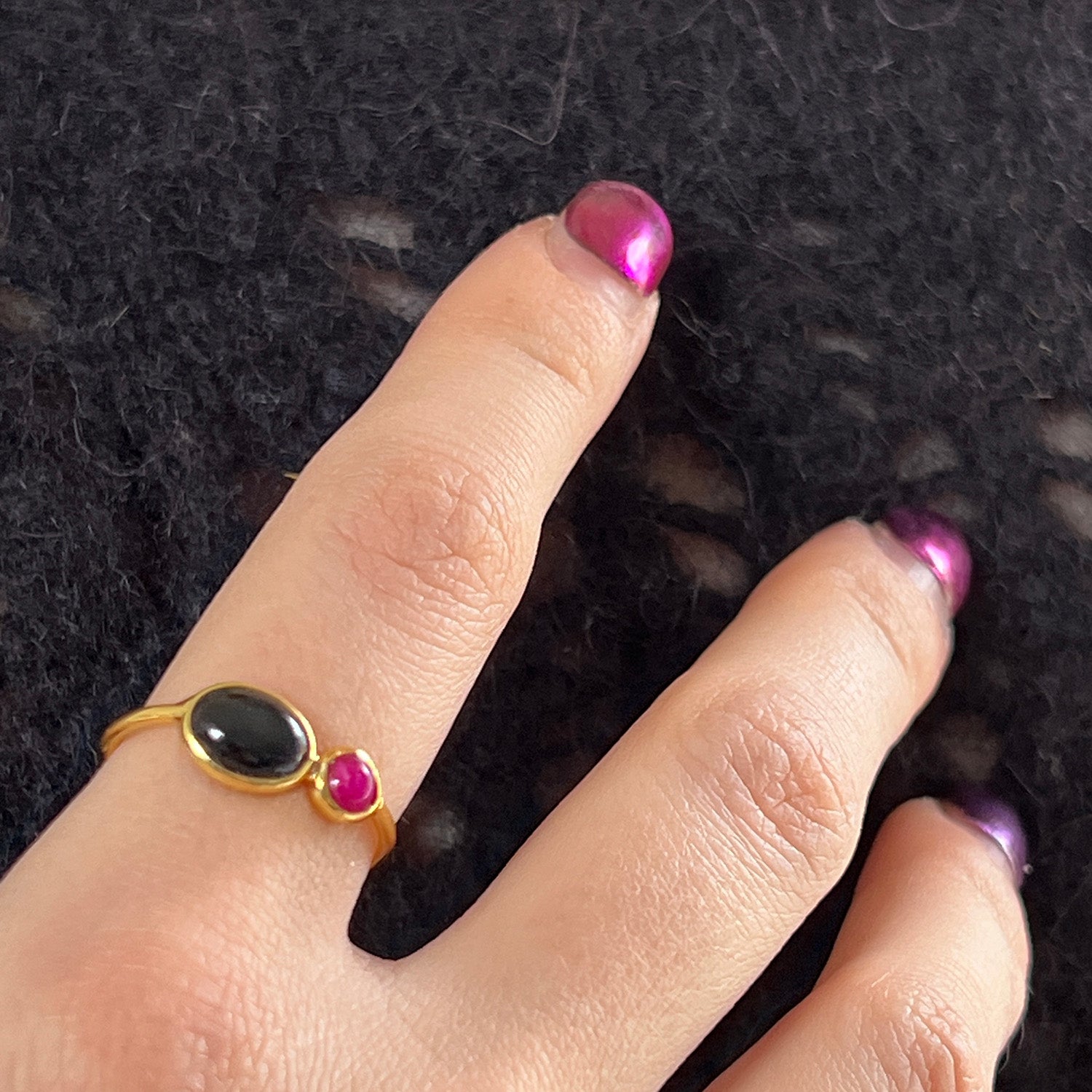 Manis Two Stone Black Onyx Ruby Ring